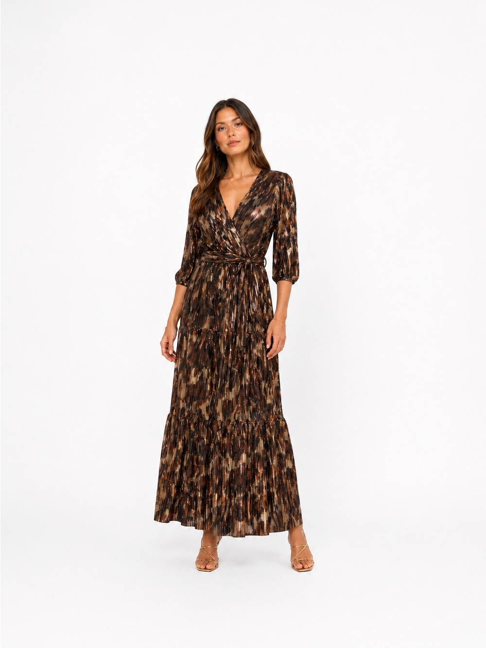 Johnny Was Metallic Wrap Maxi Dress – Bronze/Gold | Size XS